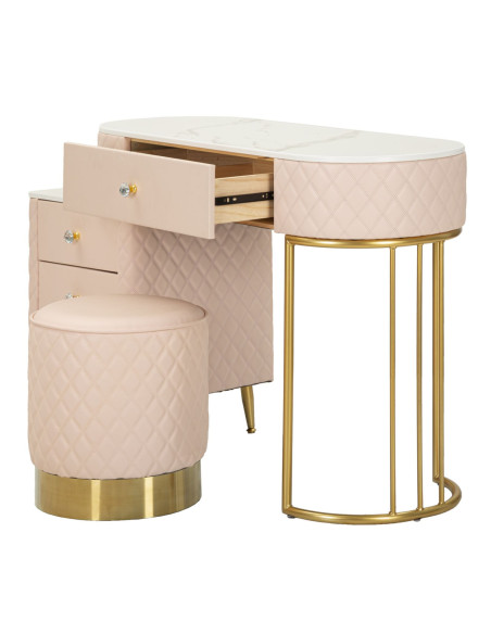 Coiffeuse moderne avec tabouret 4 tiroirs en Polyuréthane Rose Matelassé Bois MDF Métal Doré Sharon 