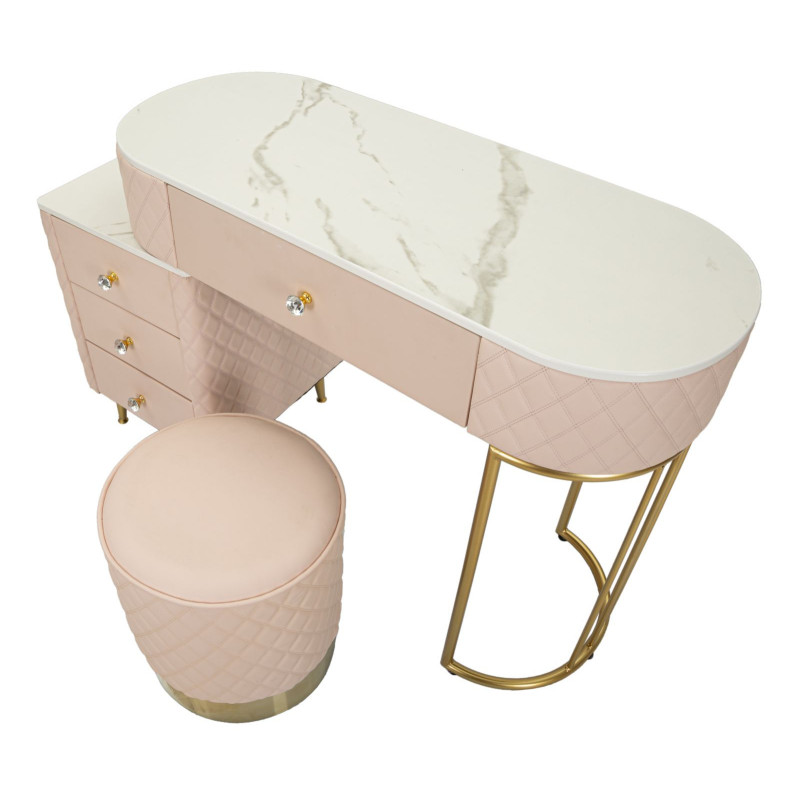 Coiffeuse moderne avec tabouret 4 tiroirs en Polyuréthane Rose Matelassé Bois MDF Métal Doré Sharon 