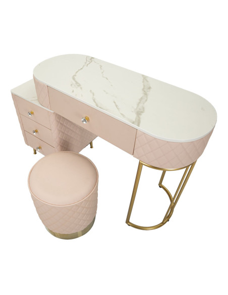 Coiffeuse moderne avec tabouret 4 tiroirs en Polyuréthane Rose Matelassé Bois MDF Métal Doré Sharon 