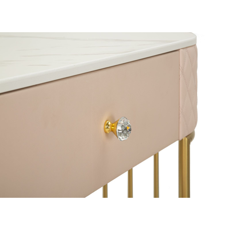 Coiffeuse moderne avec tabouret 4 tiroirs en Polyuréthane Rose Matelassé Bois MDF Métal Doré Sharon 