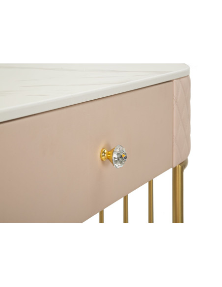 Coiffeuse moderne avec tabouret 4 tiroirs en Polyuréthane Rose Matelassé Bois MDF Métal Doré Sharon 