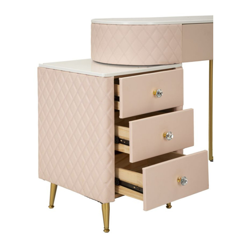 Coiffeuse moderne avec tabouret 4 tiroirs en Polyuréthane Rose Matelassé Bois MDF Métal Doré Sharon 