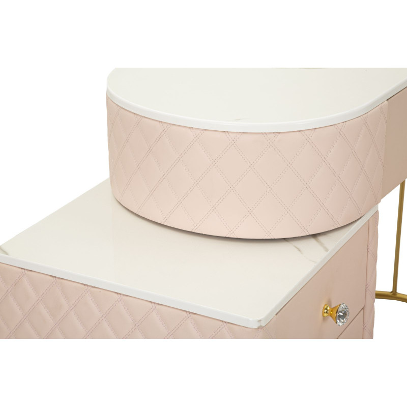 Coiffeuse moderne avec tabouret 4 tiroirs en Polyuréthane Rose Matelassé Bois MDF Métal Doré Sharon 