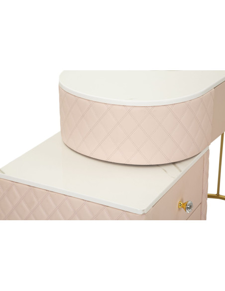 Coiffeuse moderne avec tabouret 4 tiroirs en Polyuréthane Rose Matelassé Bois MDF Métal Doré Sharon 