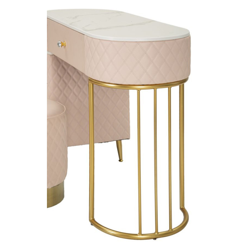 Coiffeuse moderne avec tabouret 4 tiroirs en Polyuréthane Rose Matelassé Bois MDF Métal Doré Sharon 