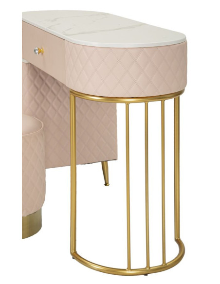 Coiffeuse moderne avec tabouret 4 tiroirs en Polyuréthane Rose Matelassé Bois MDF Métal Doré Sharon 