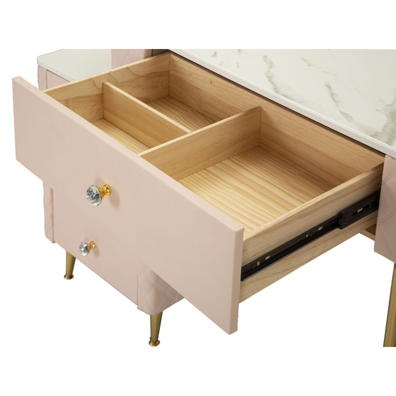 Coiffeuse moderne avec tabouret 4 tiroirs en Polyuréthane Rose Matelassé Bois MDF Métal Doré Sharon 