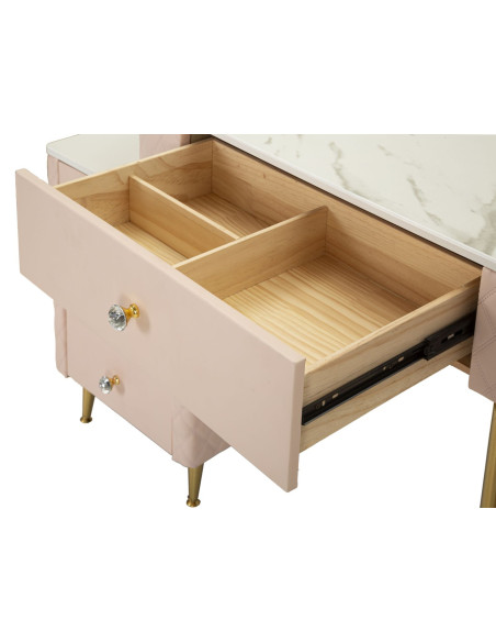 Coiffeuse moderne avec tabouret 4 tiroirs en Polyuréthane Rose Matelassé Bois MDF Métal Doré Sharon 