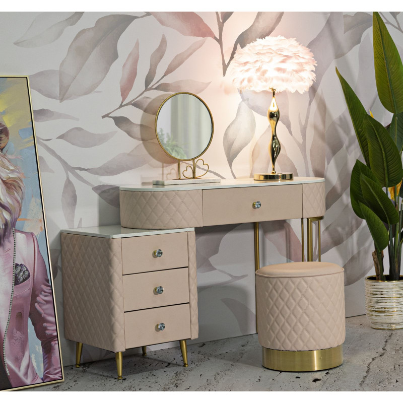 Coiffeuse moderne avec tabouret 4 tiroirs en Polyuréthane Rose Matelassé Bois MDF Métal Doré Sharon 