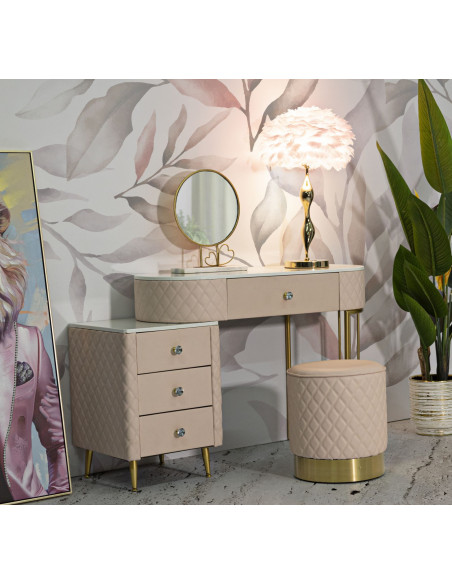 Coiffeuse moderne avec tabouret 4 tiroirs en Polyuréthane Rose Matelassé Bois MDF Métal Doré Sharon 