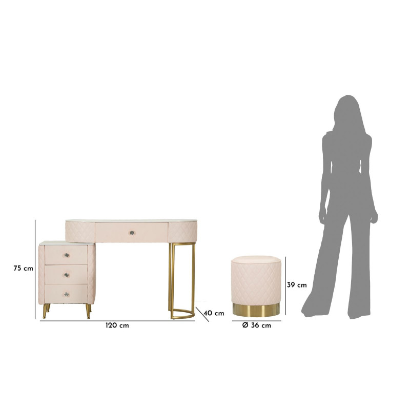 Coiffeuse moderne avec tabouret 4 tiroirs en Polyuréthane Rose Matelassé Bois MDF Métal Doré Sharon 