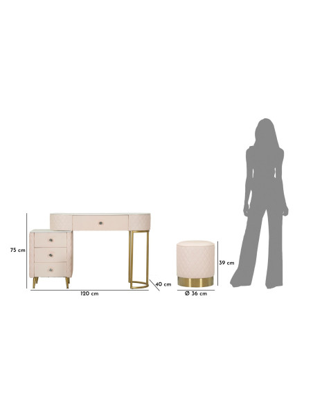 Coiffeuse moderne avec tabouret 4 tiroirs en Polyuréthane Rose Matelassé Bois MDF Métal Doré Sharon 