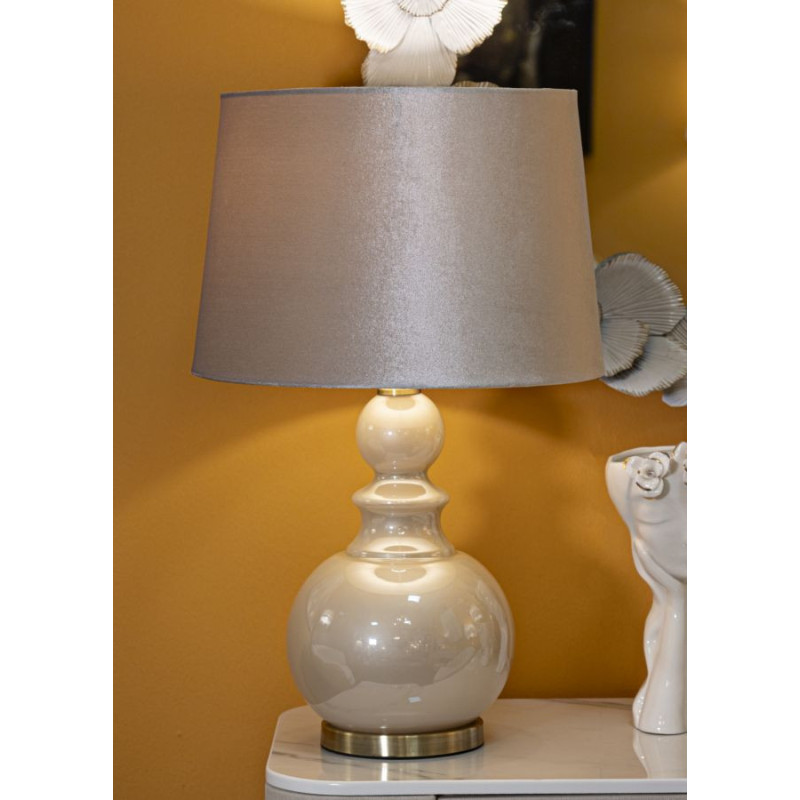 Grande Lampe à poser glamour Hauteur 61 cm en Verre Tissu Blanc perle Nacré Métal Doré Perly 