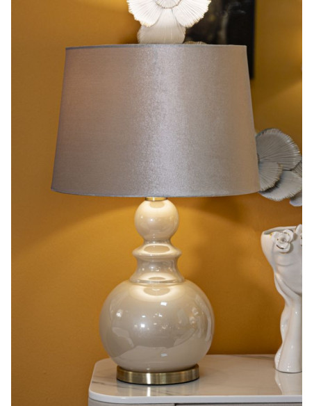 Grande Lampe à poser glamour Hauteur 61 cm en Verre Tissu Blanc perle Nacré Métal Doré Perly 