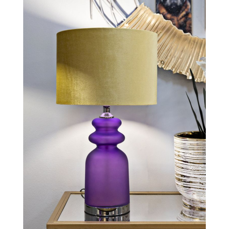 Lampe à poser moderne chic Hauteur 57 cm en Verre Violet Tissu Jaune ocre Métal Argenté Milva 