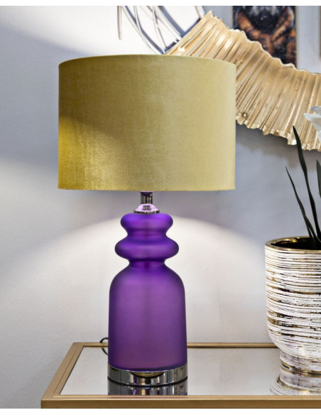 Lampe à poser moderne chic Hauteur 57 cm en Verre Violet Tissu Jaune ocre Métal Argenté Milva 