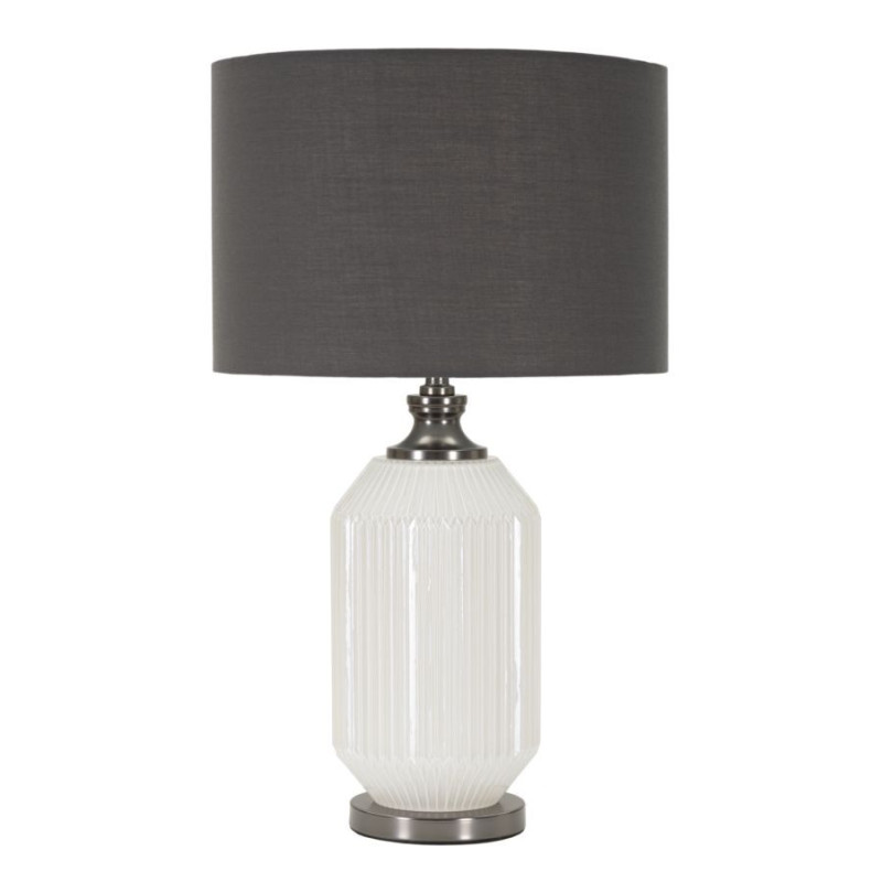 Grande Lampe à poser moderne Hauteur 65 cm en Céramique Blanc Brillant Tissu Gris Métal Argenté Brighty 