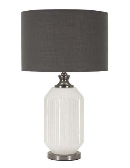 Grande Lampe à poser moderne Hauteur 65 cm en Céramique Blanc Brillant Tissu Gris Métal Argenté Brighty 