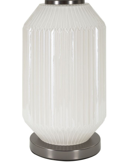 Grande Lampe à poser moderne Hauteur 65 cm en Céramique Blanc Brillant Tissu Gris Métal Argenté Brighty 