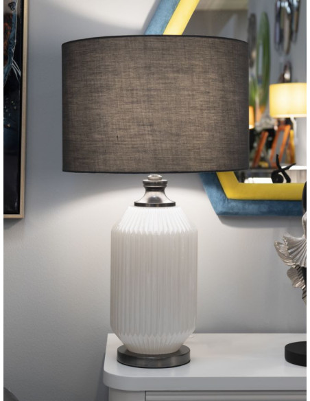 Grande Lampe à poser moderne Hauteur 65 cm en Céramique Blanc Brillant Tissu Gris Métal Argenté Brighty 