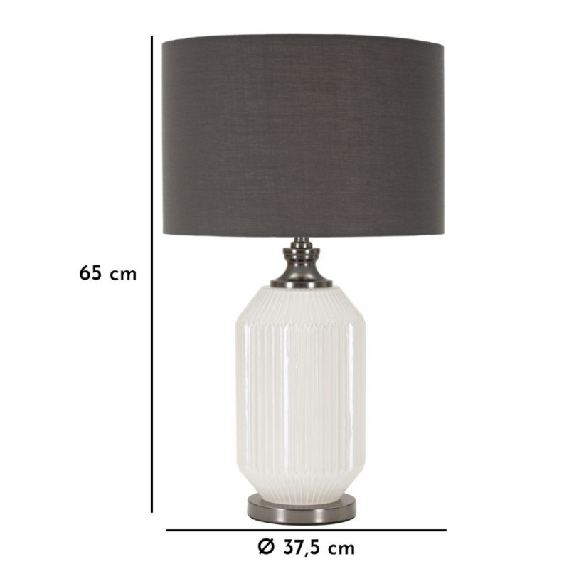 Grande Lampe à poser moderne Hauteur 65 cm en Céramique Blanc Brillant Tissu Gris Métal Argenté Brighty 