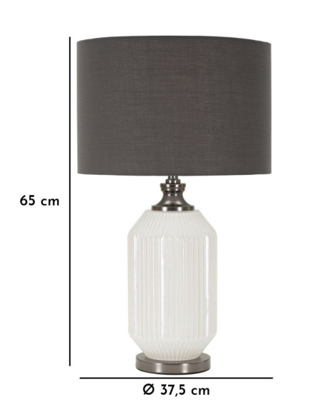 Grande Lampe à poser moderne Hauteur 65 cm en Céramique Blanc Brillant Tissu Gris Métal Argenté Brighty 