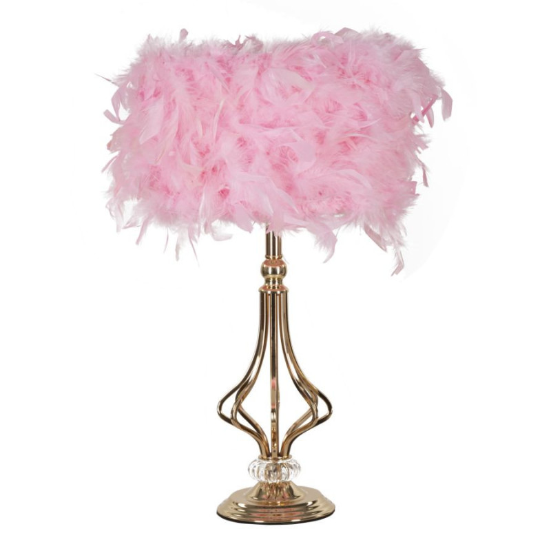 Grande Lampe à poser moderne Plumes Hauteur 54 cm en Tissu Rose Métal Doré Tarty 