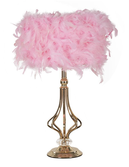 Grande Lampe à poser moderne Plumes Hauteur 54 cm en Tissu Rose Métal Doré Tarty 