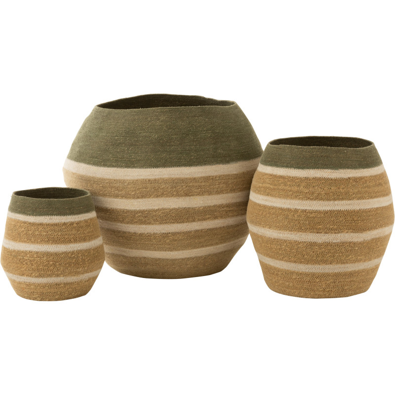Panier de rangement Ovale en Jonc de mer Naturel Vert Motif lignes Brantley (Lot de 3) - 1