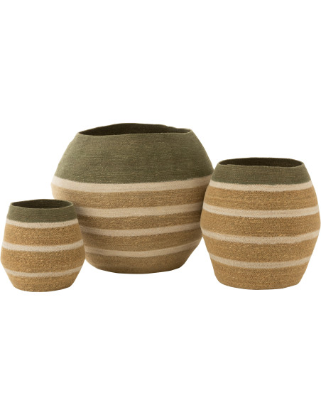 Panier de rangement Ovale en Jonc de mer Naturel Vert Motif lignes Brantley (Lot de 3) - 1