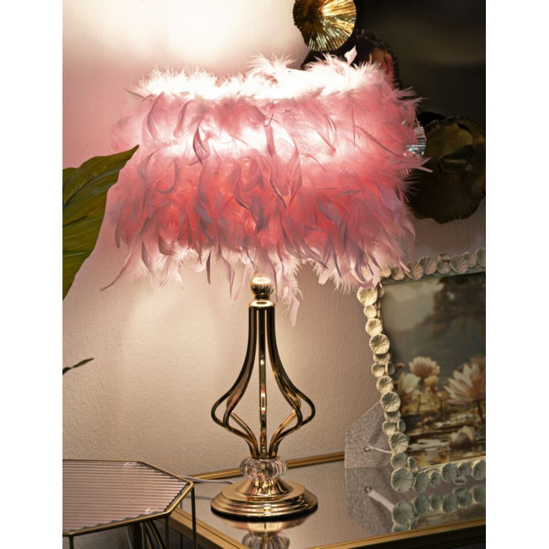 Grande Lampe à poser moderne Plumes Hauteur 54 cm en Tissu Rose Métal Doré Tarty 