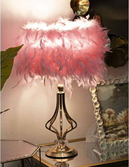 Grande Lampe à poser moderne Plumes Hauteur 54 cm en Tissu Rose Métal Doré Tarty 