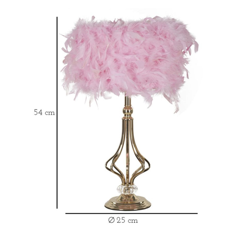 Grande Lampe à poser moderne Plumes Hauteur 54 cm en Tissu Rose Métal Doré Tarty 