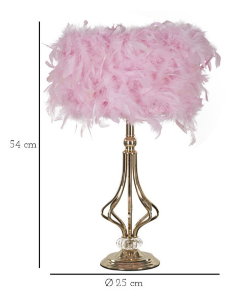 Grande Lampe à poser moderne Plumes Hauteur 54 cm en Tissu Rose Métal Doré Tarty 