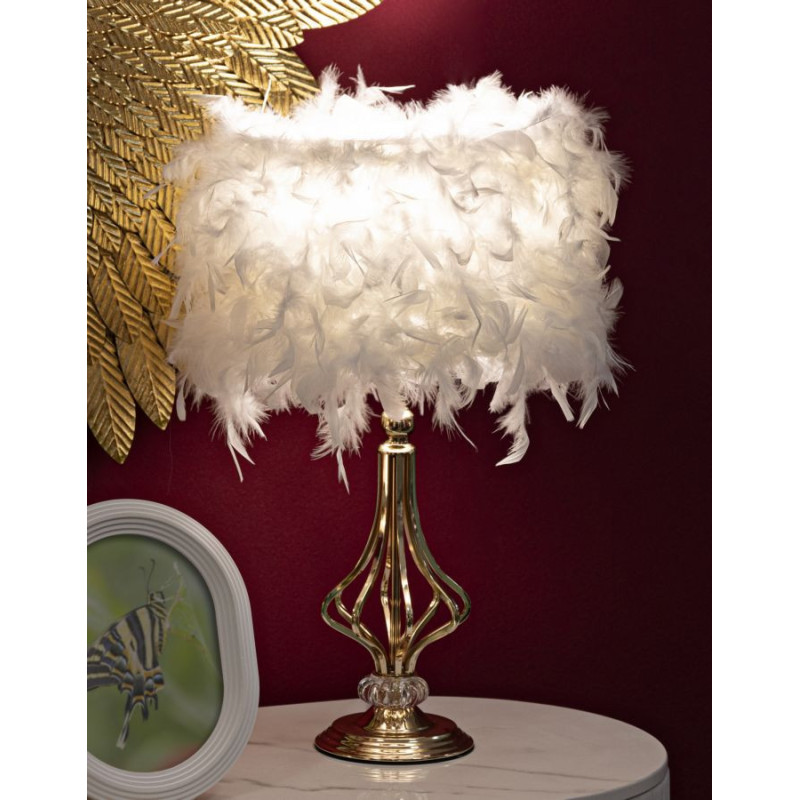 Grande Lampe à poser moderne Plumes Hauteur 54 cm en Tissu Blanc Métal Doré Tarty 