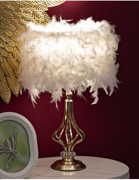 Grande Lampe à poser moderne Plumes Hauteur 54 cm en Tissu Blanc Métal Doré Tarty 