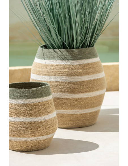 Panier de rangement Ovale en Jonc de mer Naturel Vert Motif lignes Brantley (Lot de 3) - 4