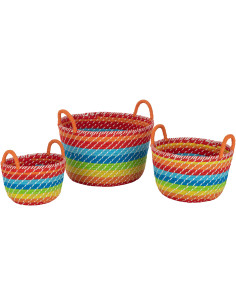 Panier de rangement avec anses Rond en Jonc de mer Multicolore Motif arc en ciel Merrily (Lot de 3) - 1