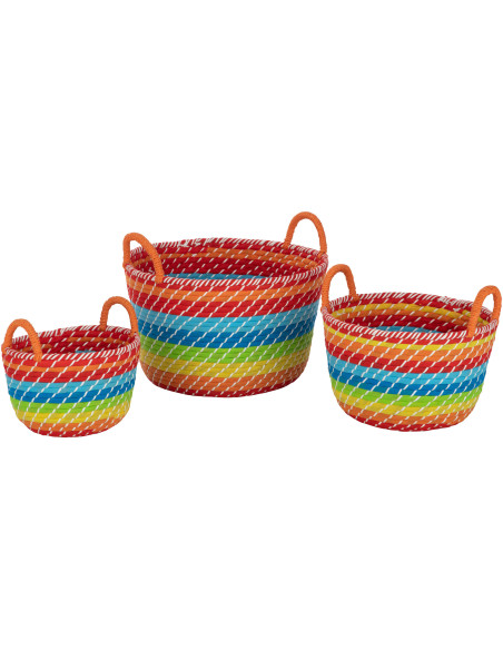 Panier de rangement avec anses Rond en Jonc de mer Multicolore Motif arc en ciel Merrily (Lot de 3) - 1