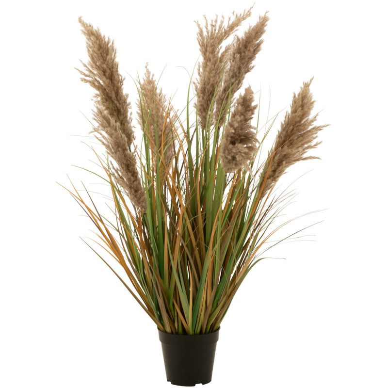 Plante artificielle Herbe de pampas 7 têtes Hauteur 90 cm en Plastique Beige vert avec pot - 1