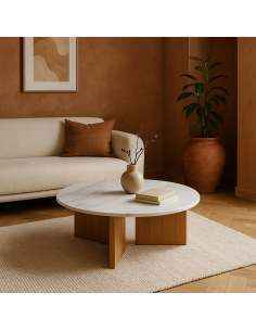 Table basse moderne Ronde en Céramique Blanc Effet marbre Métal Naturel Effet bois Anea - 1 2