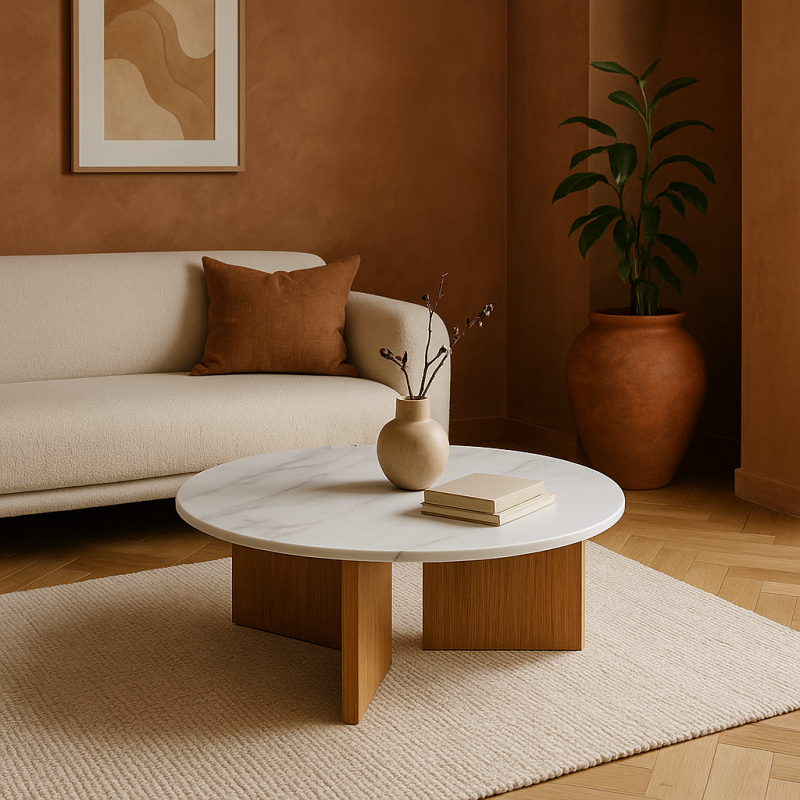 Table basse moderne Ronde en Céramique Blanc Effet marbre Métal Naturel Effet bois Anea - 2