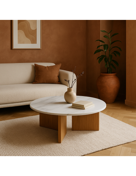 Table basse moderne Ronde en Céramique Blanc Effet marbre Métal Naturel Effet bois Anea - 2