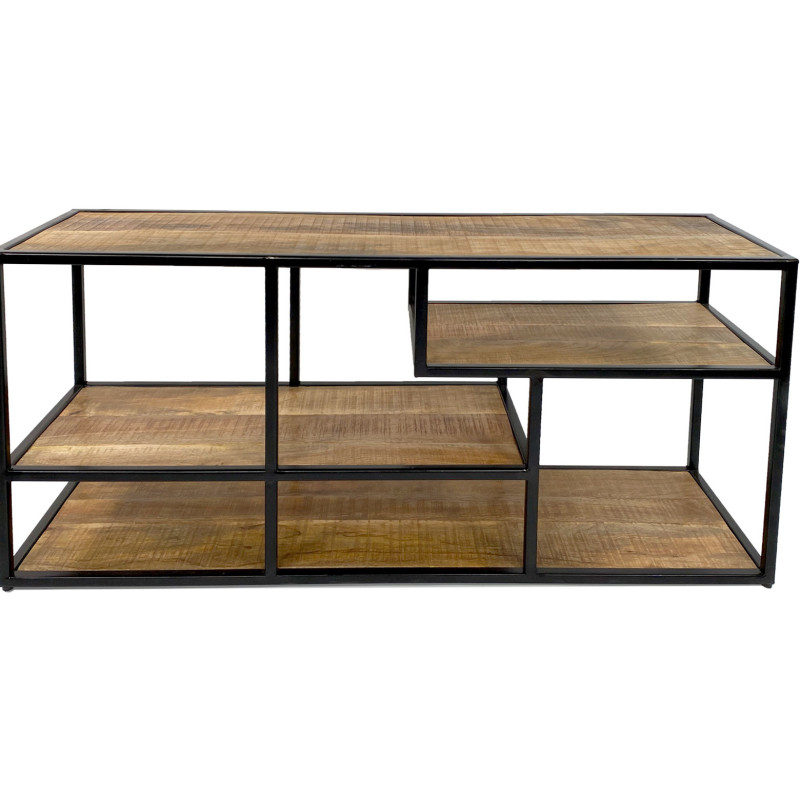 Meuble télé moderne 3 étagères en Bois de manguier massif Naturel Métal Noir Evrion - 2