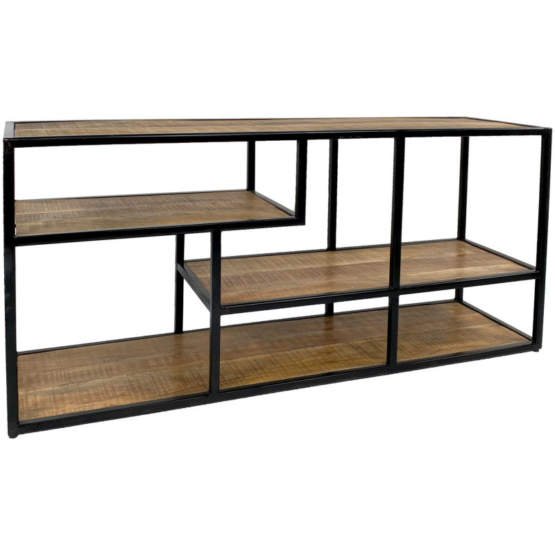 Meuble télé moderne 3 étagères en Bois de manguier massif Naturel Métal Noir Evrion - 1