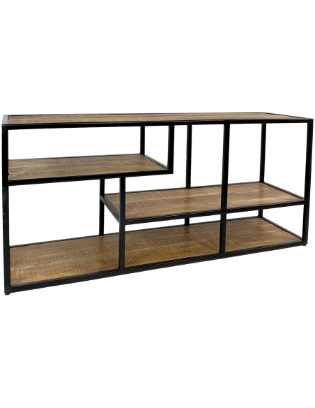 Meuble télé moderne 3 étagères en Bois de manguier massif Naturel Métal Noir Evrion - 1