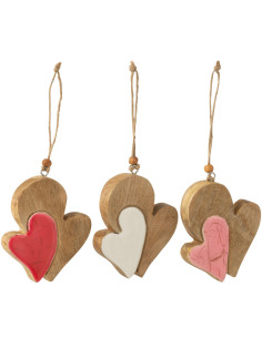 Décoration à suspendre Coeur double Hauteur 10 cm en Bois de manguier Naturel Astra (Lot de 3) - 1