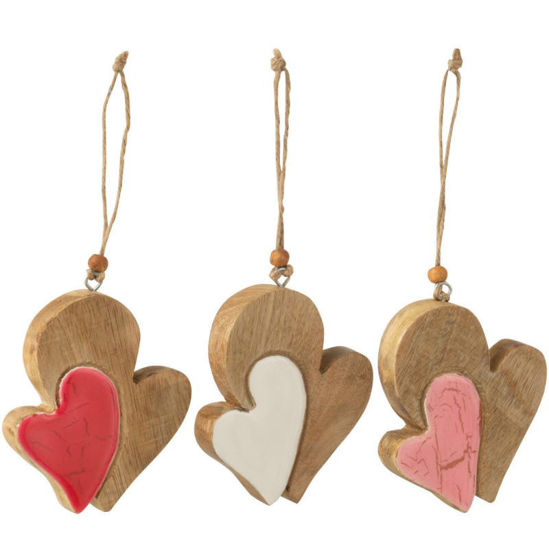 Décoration à suspendre Coeur double Hauteur 10 cm en Bois de manguier Naturel Astra (Lot de 3) - 1