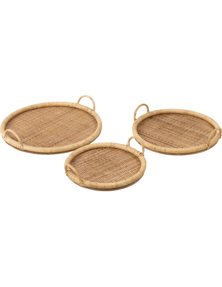 Plateau Rond avec poignées en Rotin Naturel Métal Cayden (Lot de 3) - 1