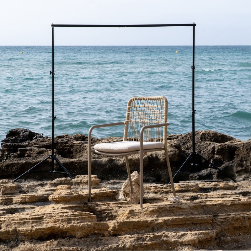 Fauteuil de table extérieur moderne en Métal Gris Rotin polyéthylène Naturel Tressé Tissu Beige Iban (Lot de 2) - 1